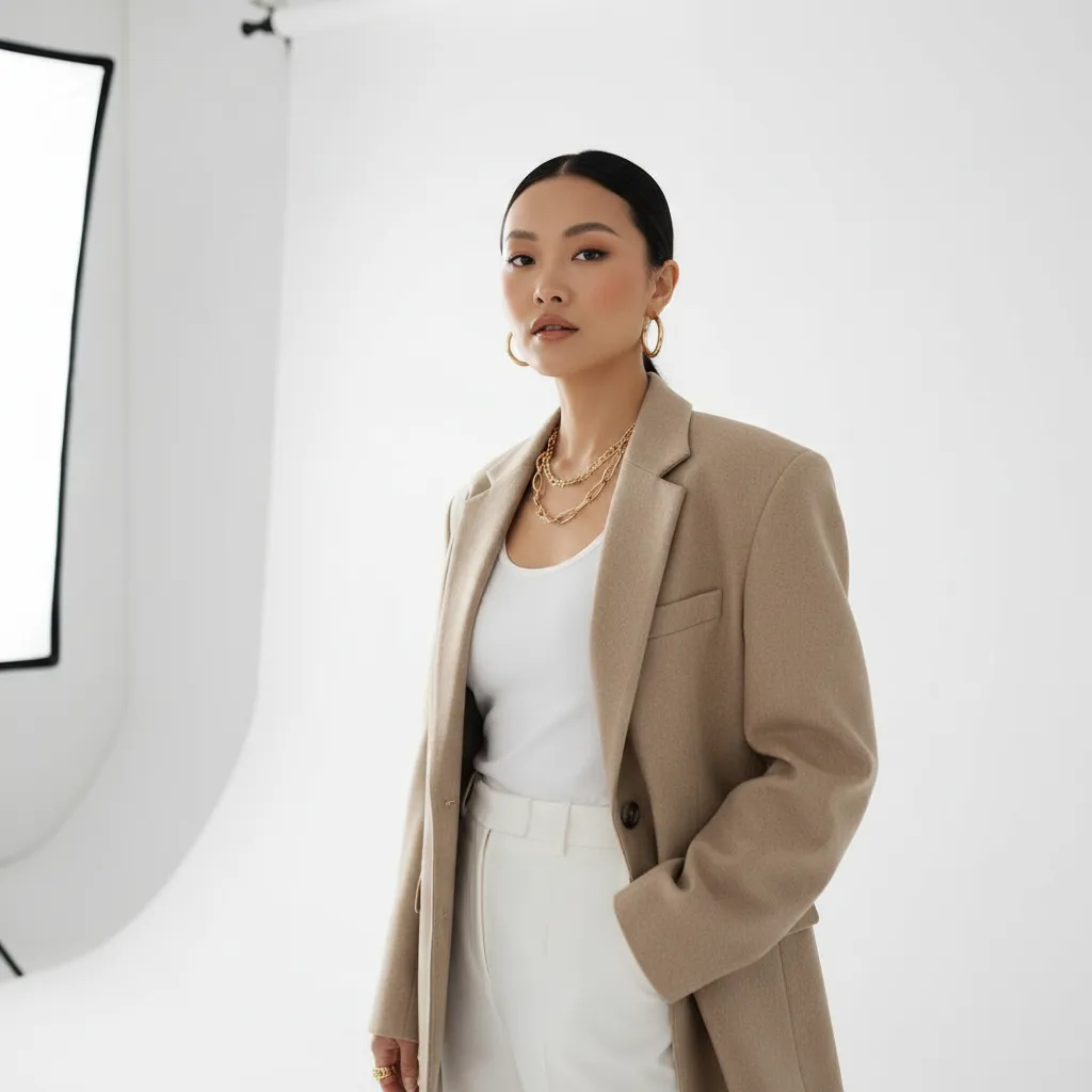 A stylish Asian fashion influencer in a minimalist white studio, wearing an oversized beige blazer and gold jewelry, soft natural makeup, confident pose with one hand in pocket, professional fashion photography, soft diffused lighting, clean background, editorial quality, sharp focus on face