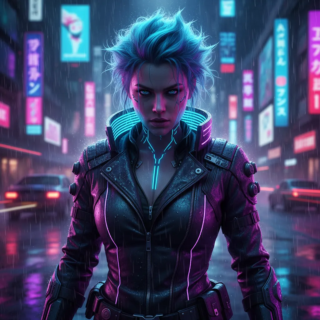A fierce cyberpunk female warrior with neon blue hair, glowing circuit tattoos on her neck, wearing a sleek black leather jacket with LED trim, rain-soaked futuristic Tokyo street background, dramatic purple and cyan lighting, cinematic portrait, hyper-detailed, 8K quality