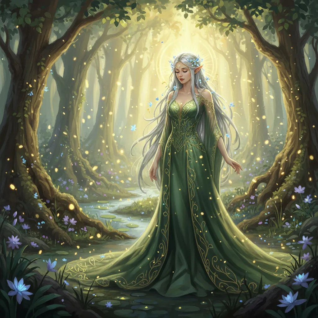 An ethereal elven princess with flowing silver hair adorned with tiny flowers, pointed ears, luminous pale skin, wearing a delicate moss-green gown with golden embroidery, standing in an enchanted forest with floating fireflies, magical golden hour lighting, fantasy art style, dreamlike atmosphere