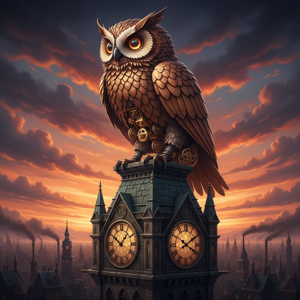A majestic steampunk mechanical owl with intricate brass gears and copper feathers, glowing amber eyes, perched on an ancient clocktower, Victorian gothic architecture background, dramatic sunset sky, detailed metalwork, fantasy mechanical creature, artstation trending