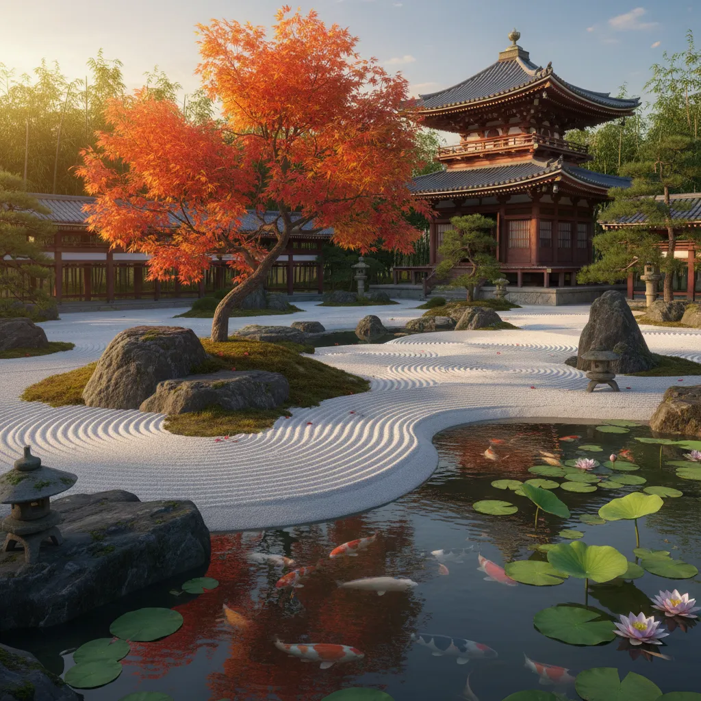 A serene Japanese zen garden at golden hour, perfectly raked white sand patterns around moss-covered stones, red maple tree with falling leaves, traditional wooden temple in background, koi pond with lily pads, peaceful atmosphere, highly detailed, photorealistic quality